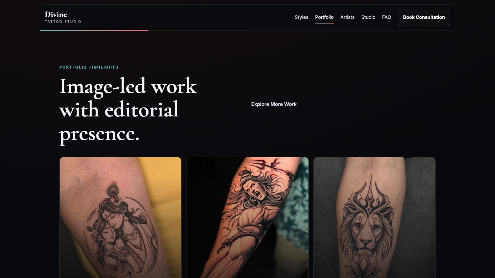 Divine Tattoo Studio portfolio page displaying three tattoo designs