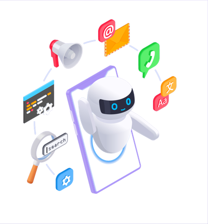 AI product illustration with a robot assistant and connected tools