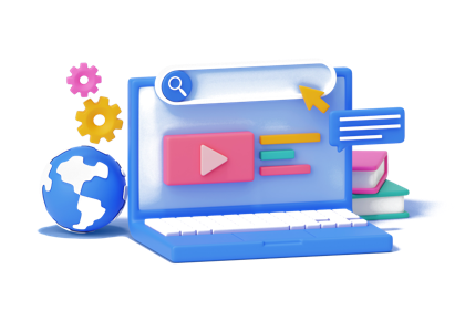 SaaS platform illustration with a laptop, search, and content modules