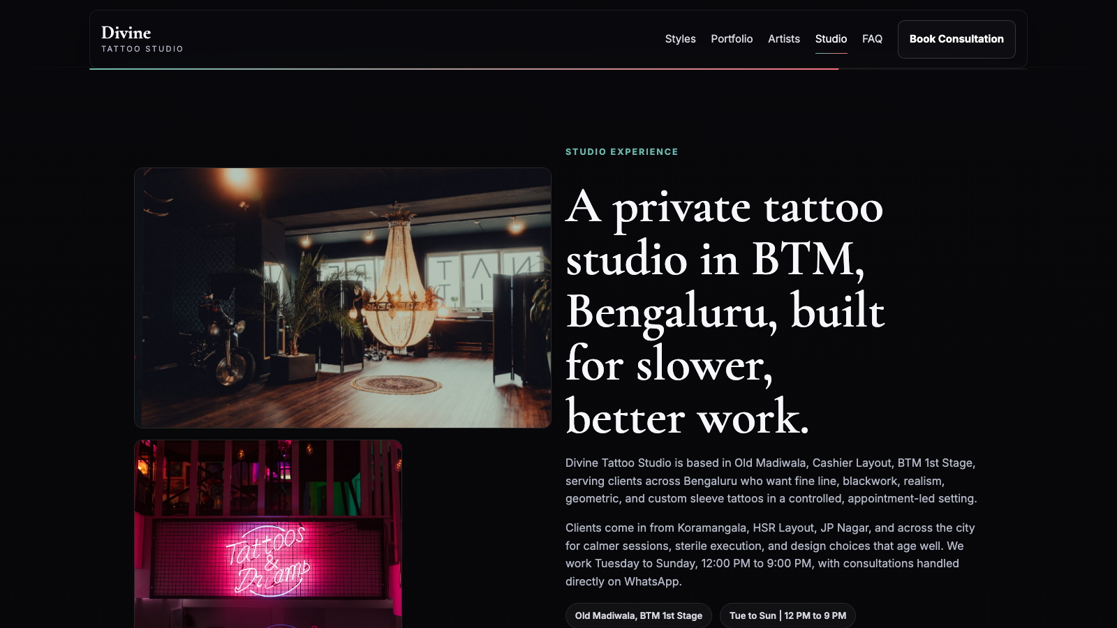 Divine Tattoo Studio interface crop